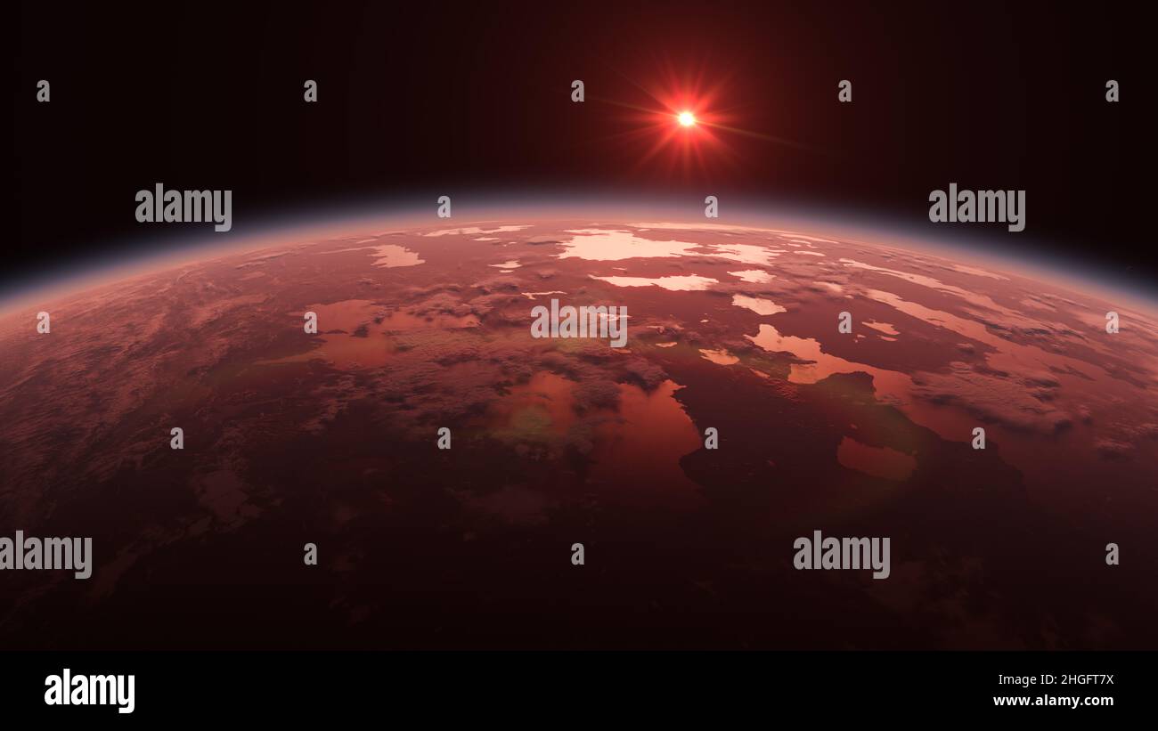 TRAPPIST-1D Horizonte y Atmósfera - Exoplaneta habitable alienígena orbitando el Sistema Estrella de la Guerra Roja en el Espacio Foto de stock