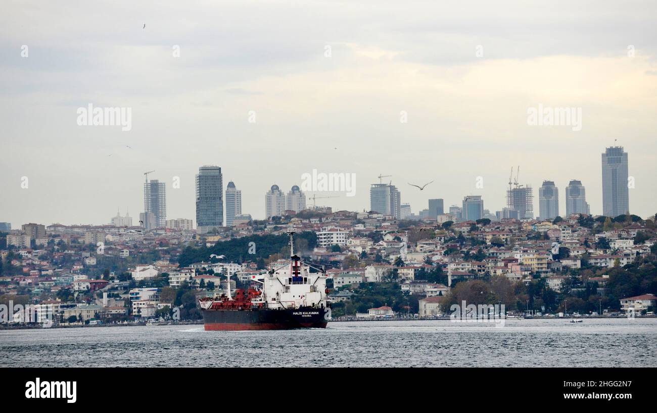 Buques que cruzan el estrecho del Bósforo en Estambul, Turquía. Foto de stock