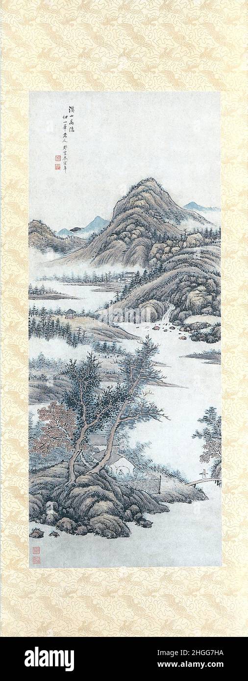 China: 'Un ermitaño en las montañas'. Colgante de rollo de pintura de Zhu Henian (1760-1834), c. 1775-1834. Este paisaje fue pintado originalmente en un rollo de seda a finales de 18th o principios del siglo 19th. Zhu Henian era claramente un gran admirador del pintor del siglo 14th Huang Gongwang e imitó su estilo simplista pero calmante. Foto de stock