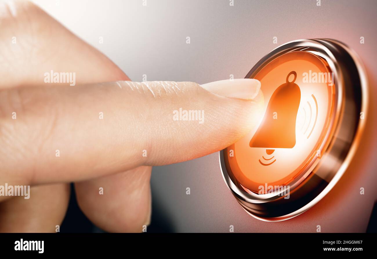 Pulsar el botón de campana con el dedo para activar las notificaciones. Imagen compuesta entre una fotografía de mano y un fondo de 3D. Foto de stock