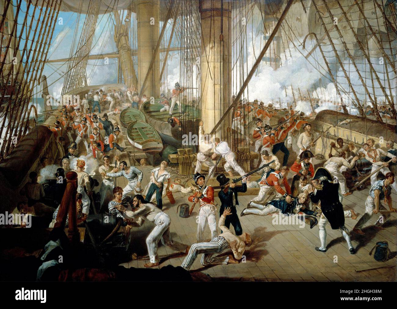 'La caída de Nelson' en la batalla de Trafalgar, por Denis Dightton (1792-1827). Una impresión de la herida mortal de Nelson en la cubierta superior de la 'Victoria', pintada muchos años después del evento. Nelson es retratado en el momento en que cae, capitán Hardy, con su espalda al espectador, avanza para ayudar al Sargento Real de la Marina Secker, que ya está al lado de Nelson. 21 de octubre de 1805. Foto de stock