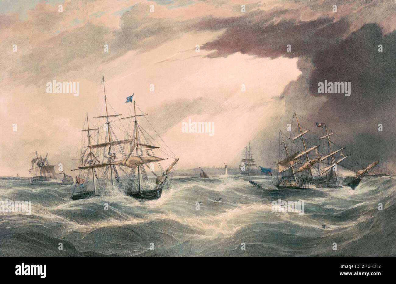 Una impresión del artista del siglo 19th de la pérdida del New York Packet Ship, 'Pennsylvania' (frente a la izquierda) y el 'Lockwood' Emigrant Ship (frente a la derecha) durante un huracán del 7th y 8th de enero de 1839 que resultó en la pérdida de varios barcos. El evento ocurrió en el estuario del río Mersey, Liverpool, Inglaterra y Leasowe Lighthouse y Bidston Hill se puede ver en el centro backgound. Foto de stock