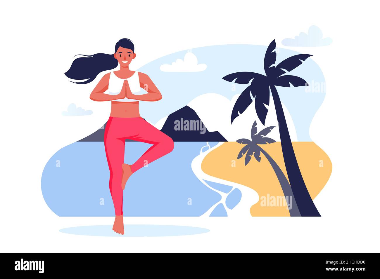 Mujer se levanta en un árbol pose vrksasana en la playa de mar. Ejercicio de yoga al aire libre. Entrenamiento de la muchacha sola en la naturaleza. Caricatura vectorial caricatura illustrati Ilustración del Vector