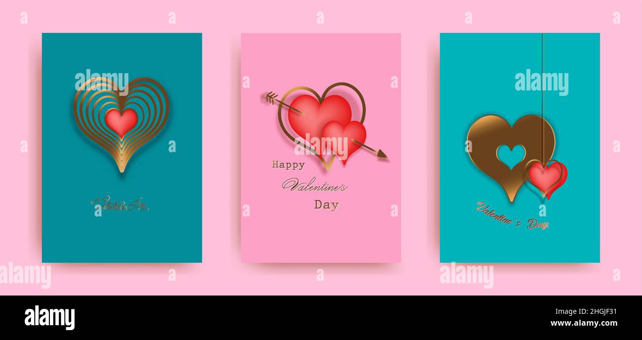 Feliz día de San Valentín vector conjunto tarjeta de felicitación. Corazones dorados y rojos sobre fondo rosa y verde. Cartel dorado de vacaciones con texto, joyas. Concepto Ilustración del Vector