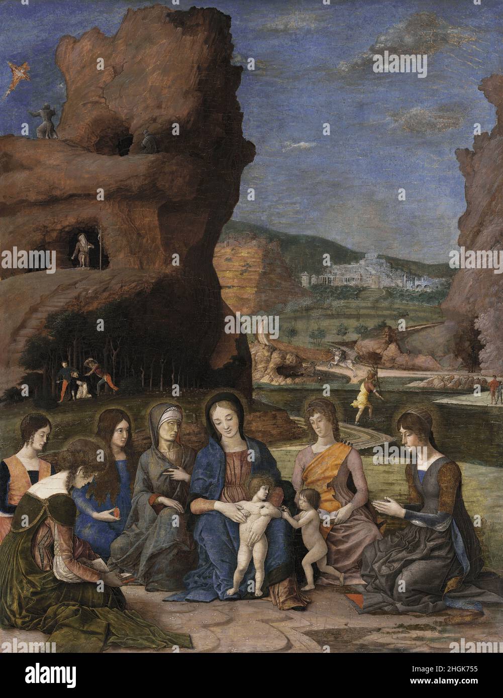 Mantegna Andrea - Boston - Museo Isabella Stewart Gardner la virgen y el niño con el bebé san juan bautista y seis santos femeninos (1497 1500) (Tempera su pannello trasferita su tela Foto de stock