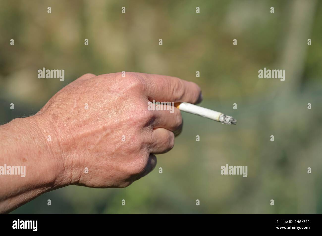 Una mujer mayor sostiene el cigarrillo ardiendo mientras que fuma, el humo del tabaco, la piel malsana daña el estilo de vida Foto de stock