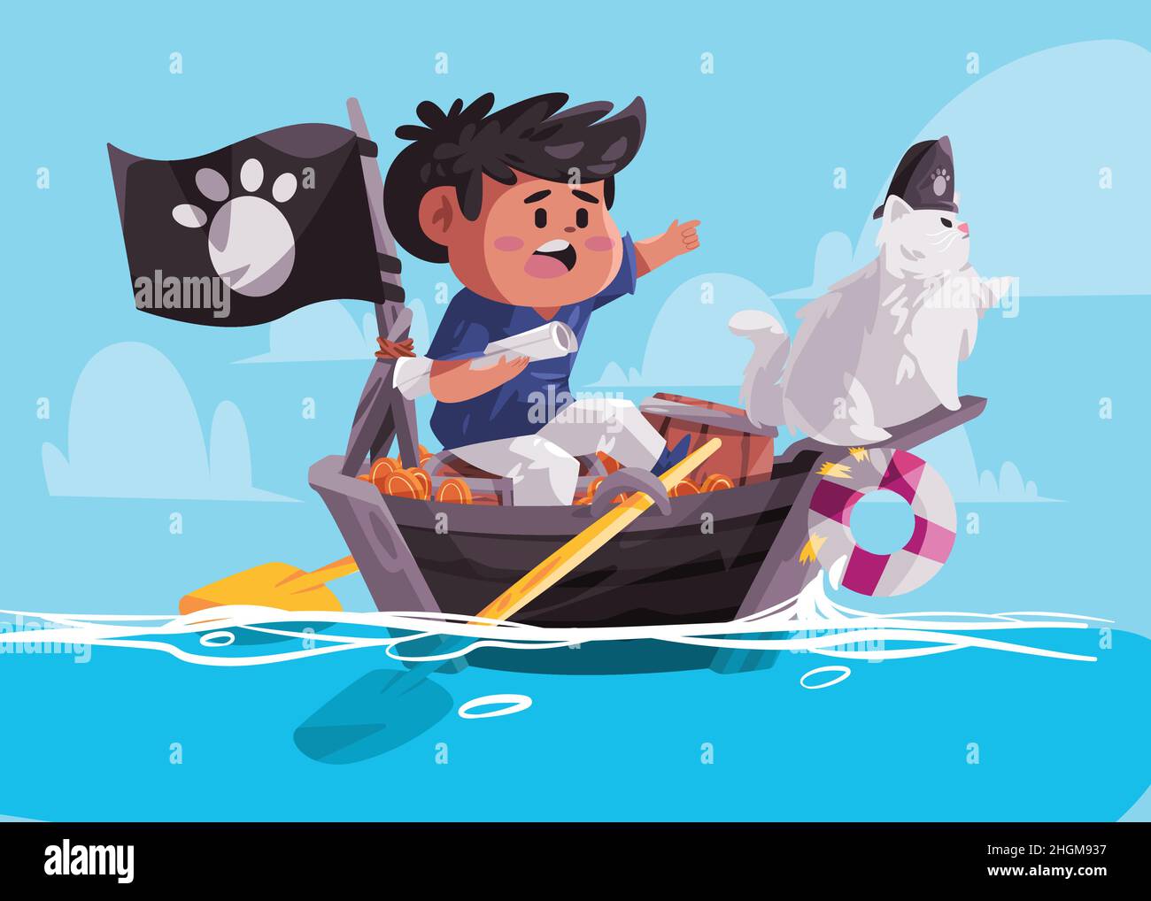 los niños y gatos gatitos piratas vela en barco en aguas inopensea jugar personaje capitán con bandera negra Ilustración del Vector