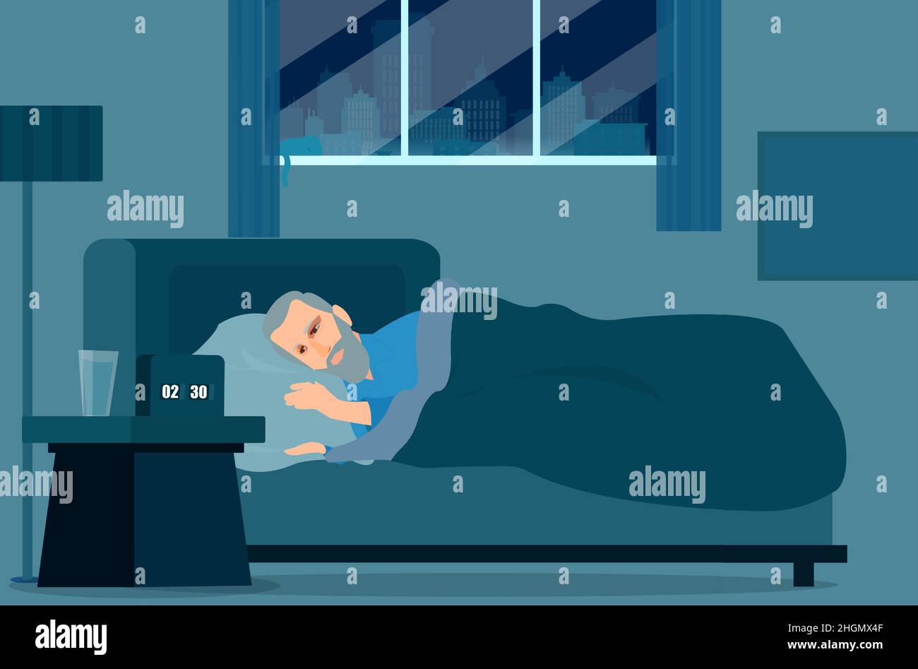 Vector de un hombre mayor sufre de insomnio acostado en la cama mirando al despertador Ilustración del Vector
