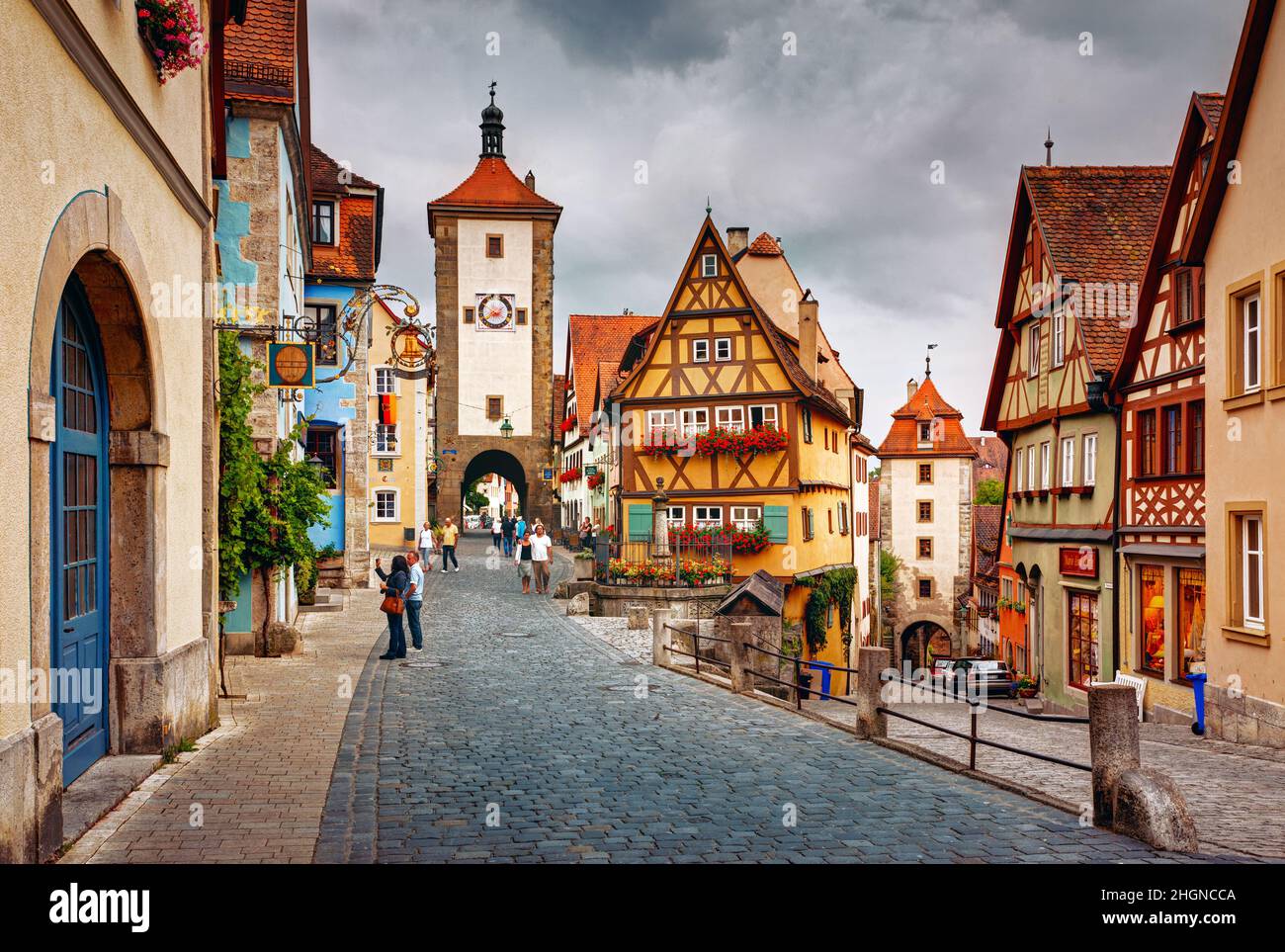 Alemania, Ansbach - Ciudad Medieval Rothenburg ob der Tauber - Plönlein con Kobolzeller Steige y Spitalgasse Foto de stock