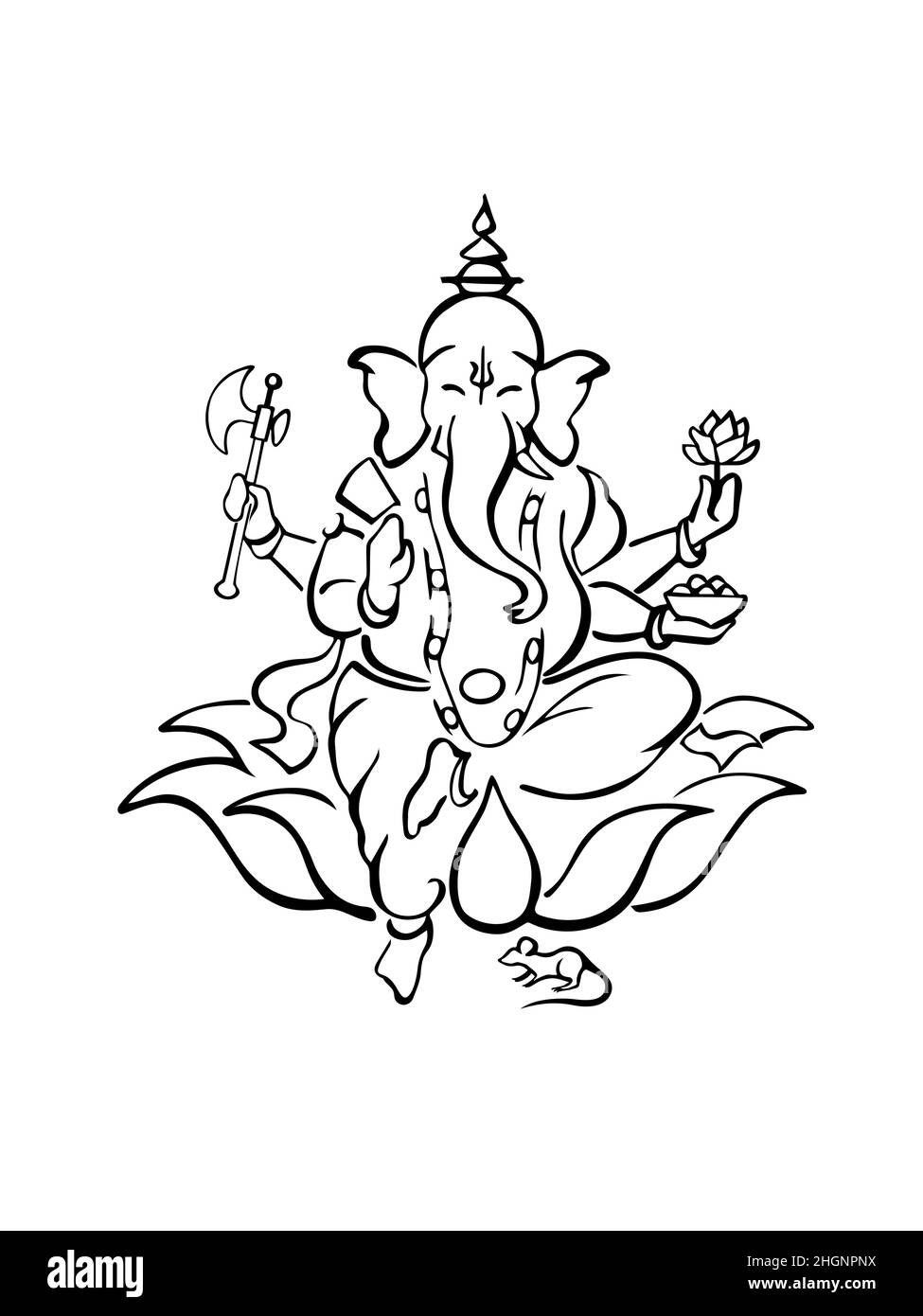 Ganesh, elefante hindú encabezó dios de sabiduría, sentado en el loto con hacha, rosa, tazón, bendición. Símbolo de contorno Ganapati moderno, ilustración dibujada a mano Ilustración del Vector