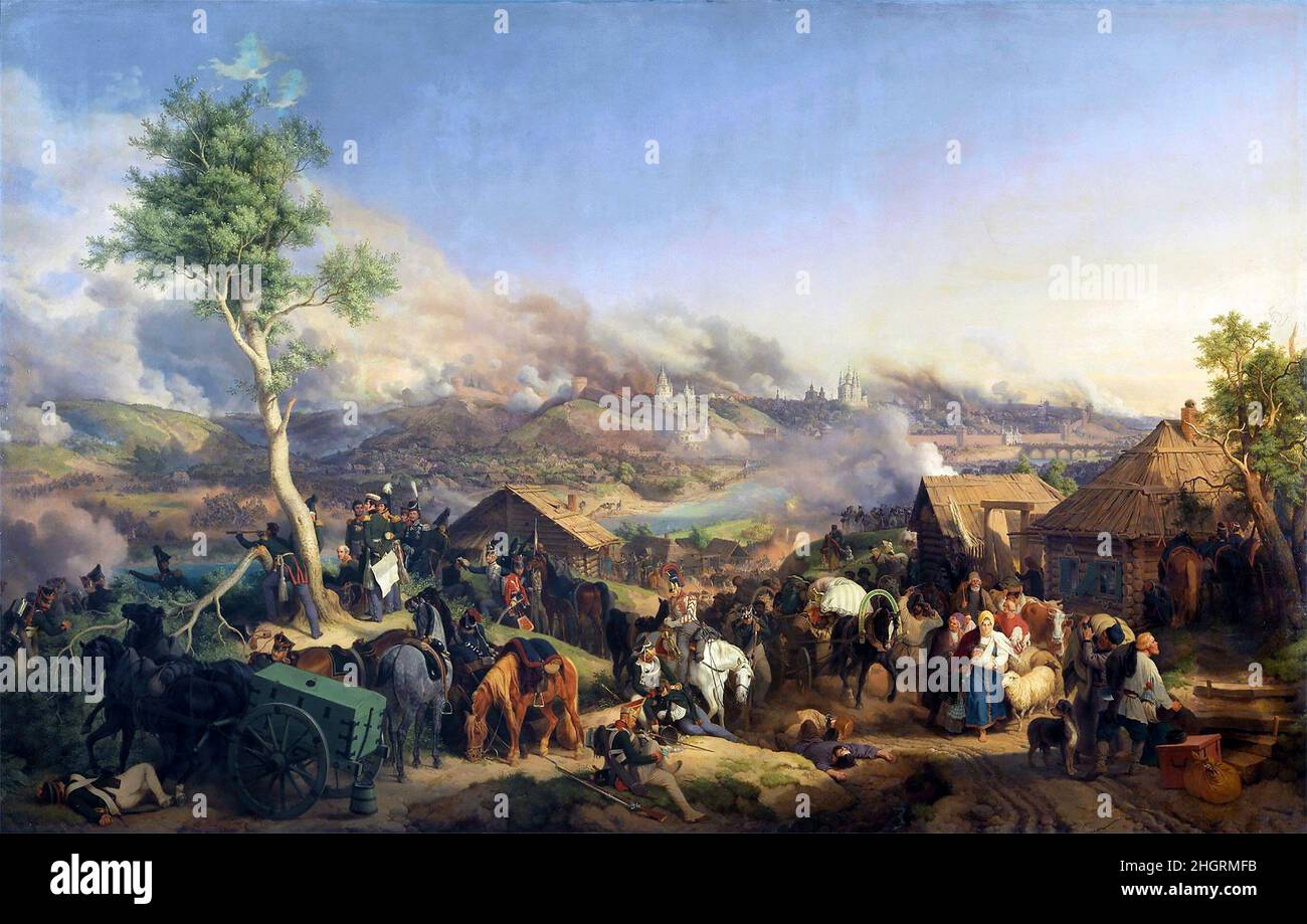 La batalla de Smolensk el 17th de agosto de 1812 por el artista alemán Peter von Hess (1792-1871), óleo sobre lienzo, 1871. La Batalla de Smolensk fue la primera batalla importante de la invasión francesa de Rusia. Foto de stock