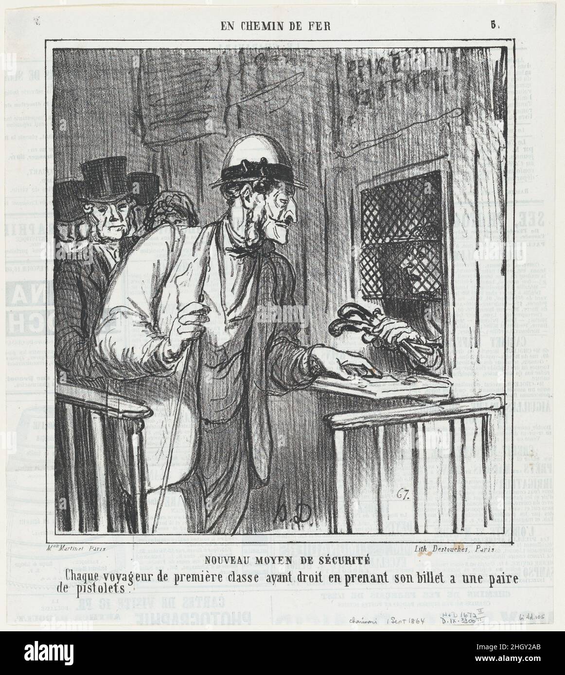 Nuevas medidas de seguridad, de 'en el tren', publicado en Le Charivari, 1 de septiembre de 1864 1 de septiembre de 1864 Honoré Daumier NUEVAS MEDIDAS DE SEGURIDAD. Cada viajero de primera clase, al comprar un billete, tiene derecho a traer dos pistolas. Nuevas medidas de seguridad, de 'En el tren', publicado en Le Charivari, 1 de septiembre de 1864. 'En el tren' (en chemin de fer). Honoré Daumier (francés, Marsella, 1808–1879 Valmondois). 1 de septiembre de 1864. Litografía sobre papel prensa; segundo estado de dos (Delteil). Aaron Martinet (francés, 1762–1841). Impresiones Foto de stock