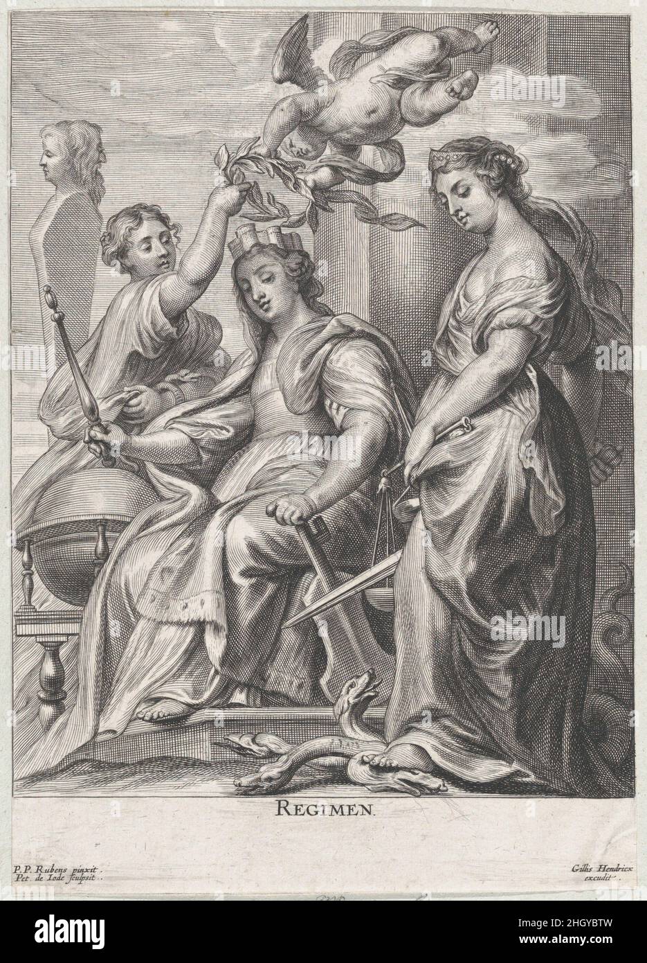 Alegoría de buen gobierno, sentado en el centro y siendo coronado por un putto y una mujer a la izquierda, Justicia de pie encima de un hidra a la derecha ca. 1640–74 Pieter de Jode II Flamenco. Alegoría de buen gobierno, sentado en el centro y siendo coronado por un putto y una mujer a la izquierda, Justicia de pie sobre un hidra a la derecha. Pieter de Jode II (flamenco, 1606-ca. 1674). aprox. 1640–74. Grabado. Gillis Hendricx (flamenco, activo 1640–1677). Impresiones Foto de stock