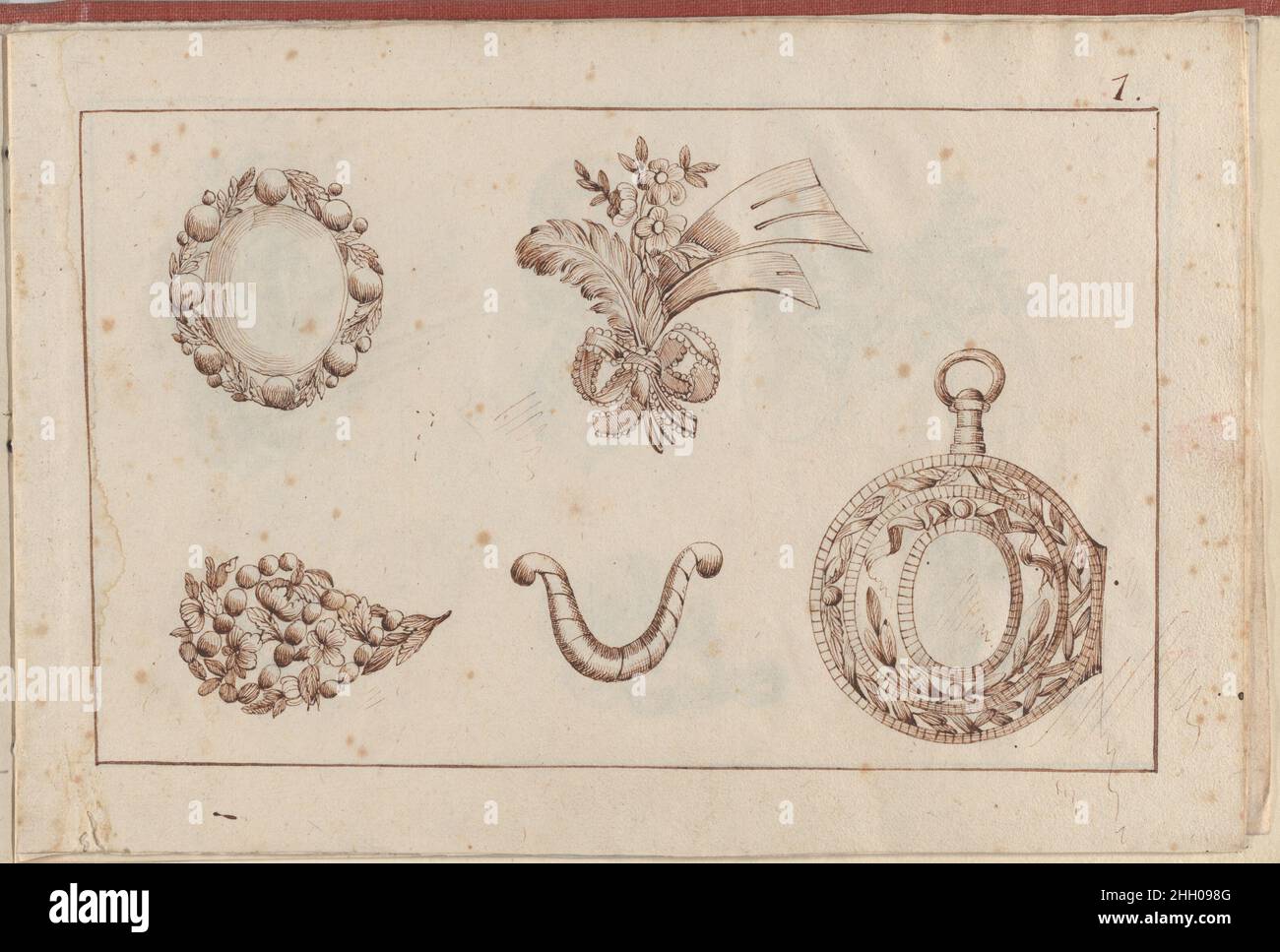 Joaillerie: Album of Jewelry Designs, Page 1 1770 or after Anonymous,  French Primera página de un pequeño álbum que contiene dibujos con diseños  de joyas copiados después de las impresiones de L.