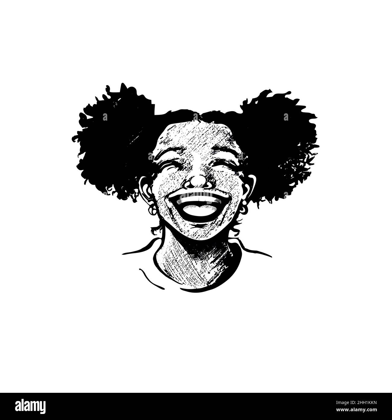 Linda mujer joven afroamericana, adolescente, riéndose de corazón, labios abiertos, brillantes dientes, pelo rizado en las lechuzas. Retrato realista dibujado a mano Ilustración del Vector