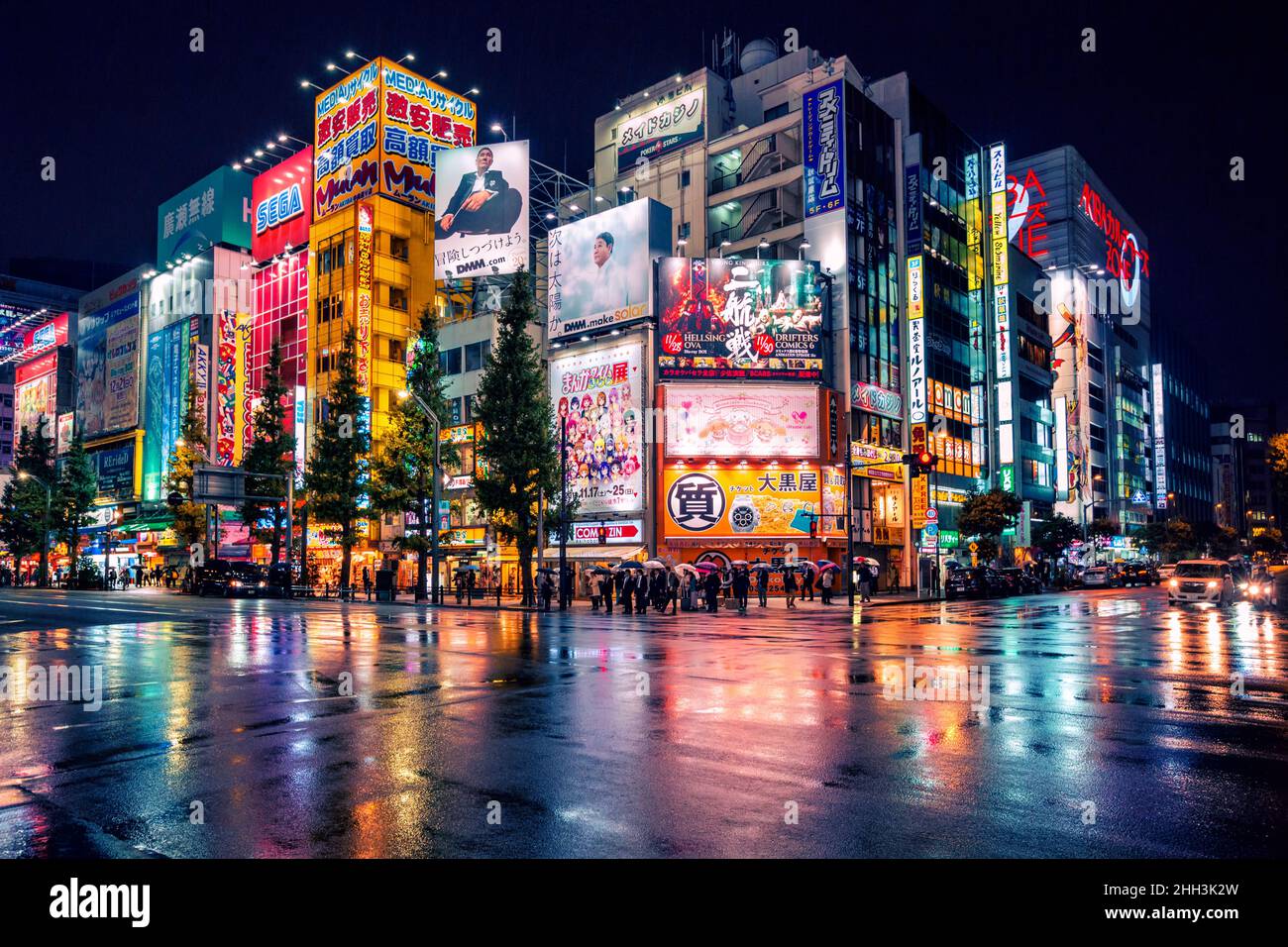 Luces de neón y carteles publicitarios en edificios en Akihabara en noche lluviosa, Tokio, Japón Foto de stock