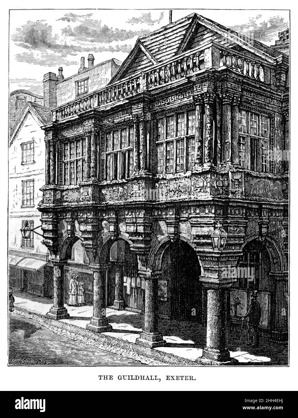 Ilustración en blanco y negro; el pórtico del siglo 16th de la Guildhall en Exeter en el siglo 19th, alrededor de 1880 Foto de stock