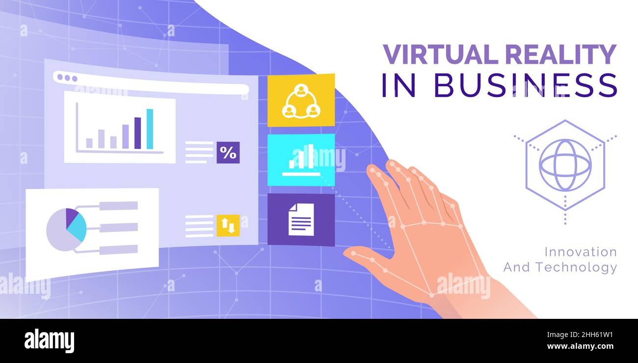 Pantallas de escritorio VR interactivas con aplicaciones empresariales: Realidad virtual e innovador concepto de interfaz de usuario Ilustración del Vector