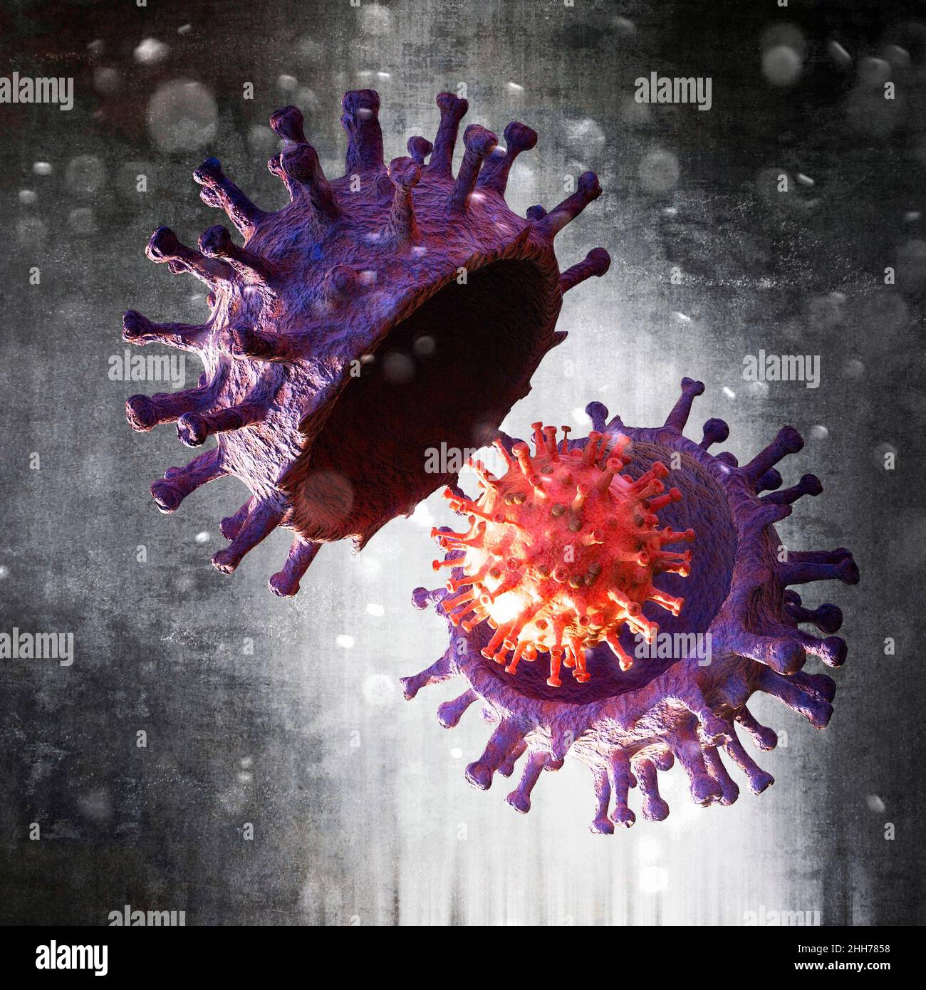 Covid-19 visto bajo el microscopio. Variante del virus, coronavirus, proteína de espículas. SARS-CoV-2, 3D renderizado Foto de stock