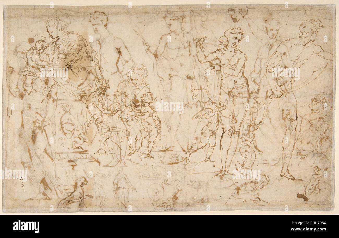 Hoja de estudios de figuras y motivos ornamentales (recto y verso). 1520–1530 Vincenzo Tamagni Italian adquirido por el Museo como 'Anonymous Florentine', esta hoja de doble cara de un bosquejo desmembrado revela elementos estilísticos muy endeudados con el vocabulario romano de Rafael y el joven Polidoro da Caravaggio. Tamagni, que nació en San Gimignano (y probablemente entrenado por Sebastiano Mainardi) conservó un sentido toscano de 'misegno' escultórico, pero cuyo vocabulario gráfico aparece transformado por el contacto con 'bottega' de Rafael en Roma Ca. 1512-1520, al alcanzar una nueva medida de clase Foto de stock