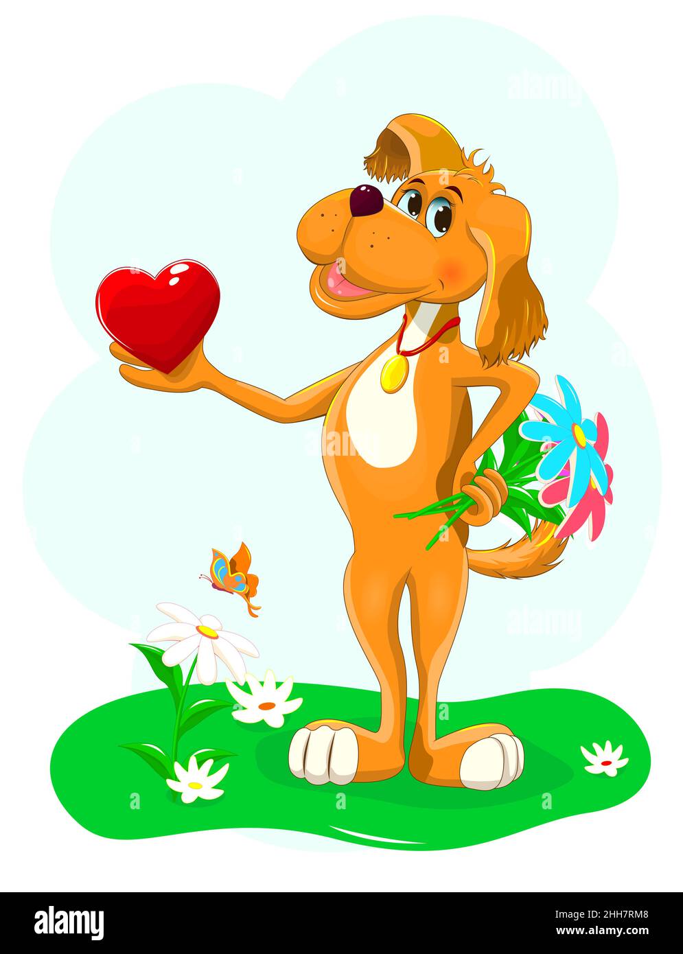 Perro de dibujos animados sosteniendo un corazón y un pequeño ramo de flores en sus patas. Ilustración del Vector