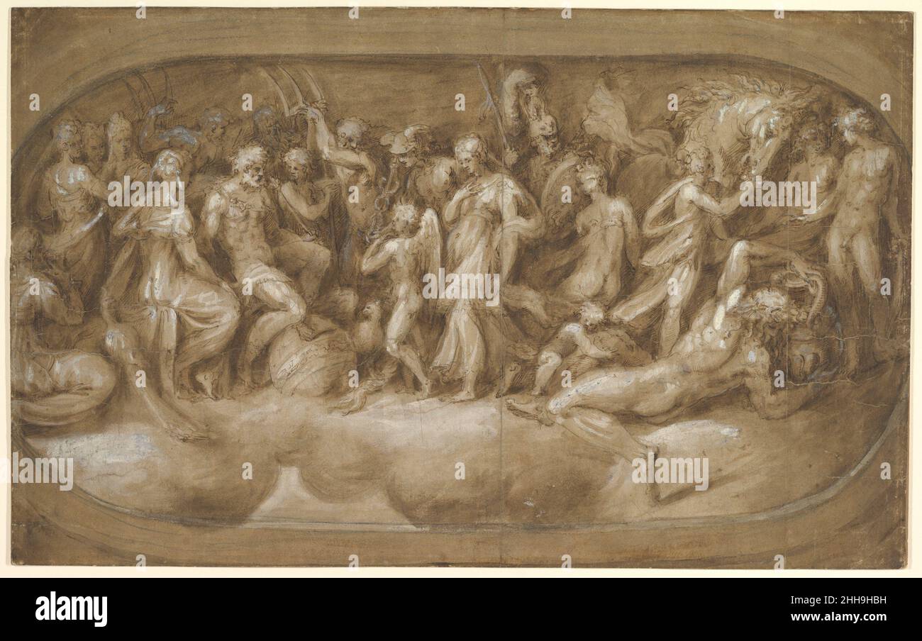 Cupid Presentando Psique a los Dioses ca. 1540–45 Andrea Schiavone (Andrea Meldola) Italian Los cambios sutiles en el tono- de lavado pálido a tinta oscura a gouache blanco- sugieren el parpadeo de la luz a través de una escultura de bajo relieve o, dada la forma ovalada, tal vez un cameo. De hecho, el dibujo se relaciona con un panel de techo en una habitación que representa la historia de Psyche, el hermoso mortal adorado por el dios del amor. Aquí, Cupido (mostrado como un niño alado) presenta a su amado a la deidad suprema, Júpiter, durante una asamblea de los dioses. El padre de Cupido, Mercurio, mensajero de los dioses, puede ser identificado por su ca alada Foto de stock