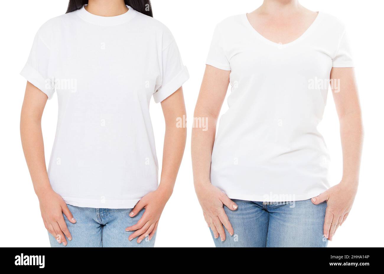 Mujer blanco camiseta mockup, establecer vacía camiseta en blanco, chica en  blanco camiseta espacio copia, camiseta blanca aislado sobre fondo blanco  collage o conjunto Fotografía de stock - Alamy