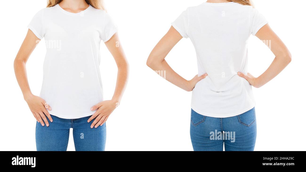 parte delantera de la espalda vistas mujer camiseta, camiseta blanca  conjunto aislado, efecto doble Fotografía de stock - Alamy