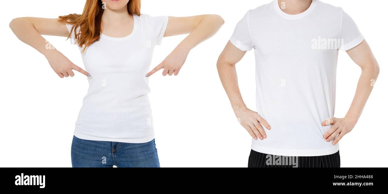 hombre y mujer en camiseta blanca primer plano aislado en un blanco  aislado, camiseta primer plano espacio de copia vacío 8529657 Foto de stock  en Vecteezy