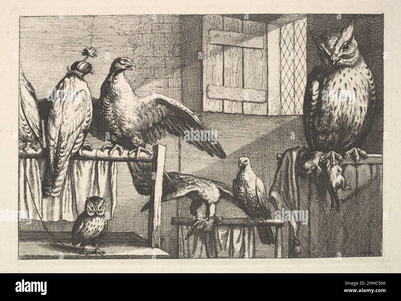 mendigo Móvil Descripción Halcones y lechuzas 1654–58 Wenceslaus Hollar Bohemian En una habitación,  una lechuza grande se sienta sobre una partición de madera a la derecha  sosteniendo un llano muerto en su garra derecha. A