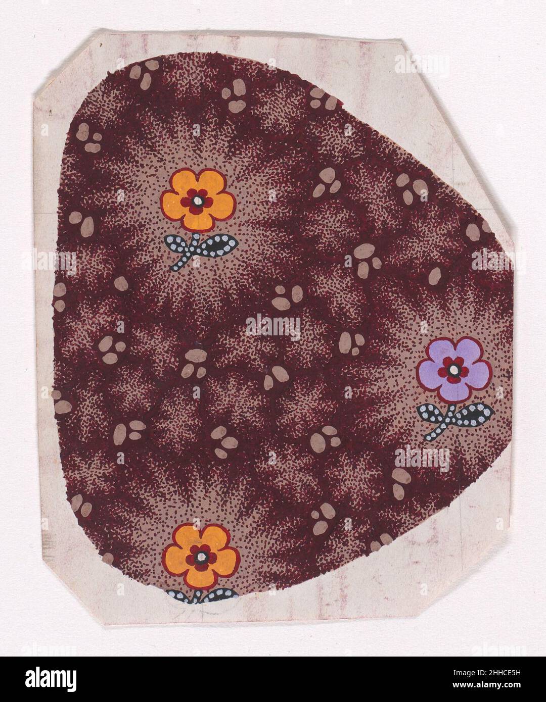 Diseño textil de alternancia vertical filas de flores estilizadas en tallos con dos hojas decoradas con perlas sobre un fondo estilizado con formas de estrella y formas de huevo 1840 Anónimo, alsaciano, Diseño textil de alternancia vertical filas de flores estilizadas en tallos con dos hojas decoradas con perlas sobre un fondo estilizado con formas de estrella y formas de huevo 1840 Anónimo, alsaciano,