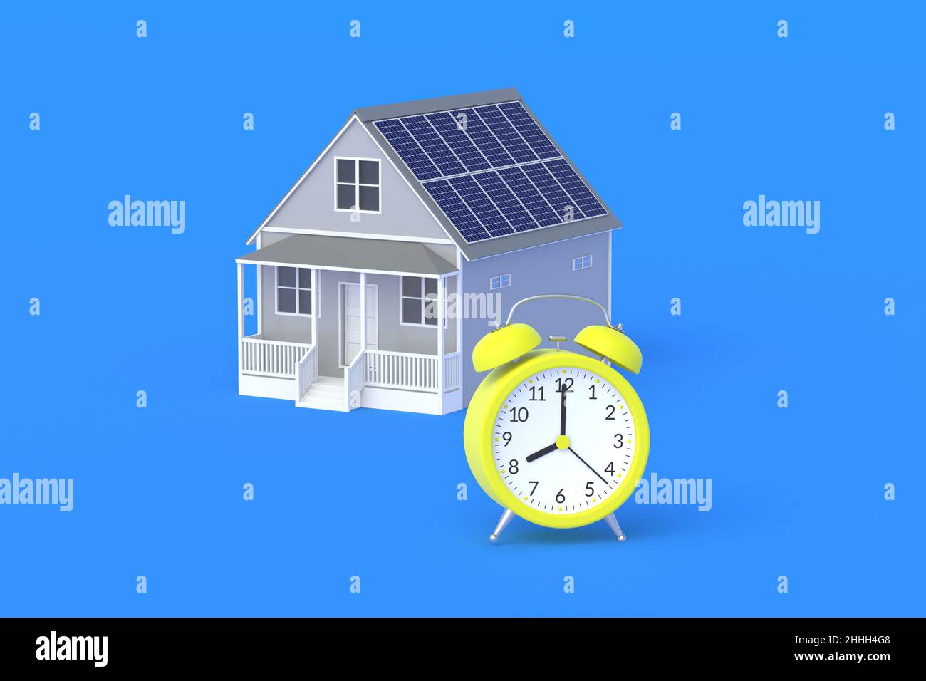 Casa con paneles solares en el techo cerca del reloj despertador sobre  fondo azul. Vida útil de los elementos fotovoltaicos. Tiempo de  instalación. 3d renderizar Fotografía de stock - Alamy