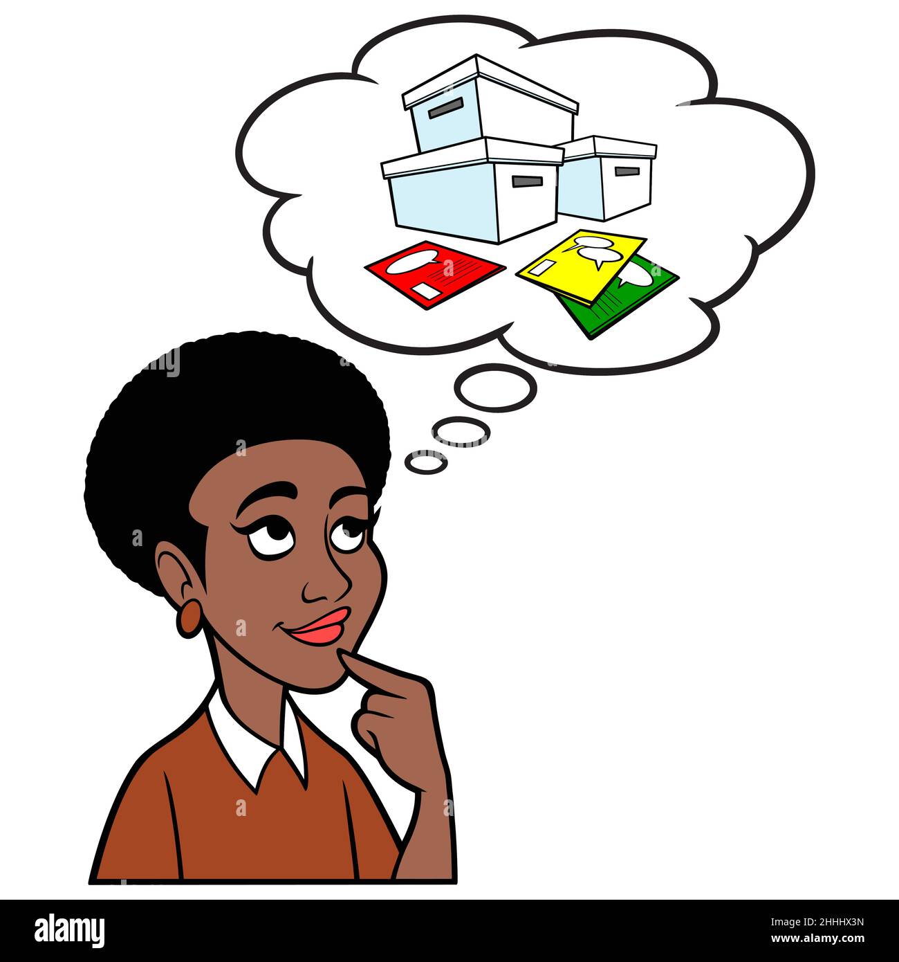 Mujer Negra Pensando en los Libros Comicos - Una ilustración de dibujos animados de una Mujer Negra pensando en su colección de Libros Comicos. Ilustración del Vector