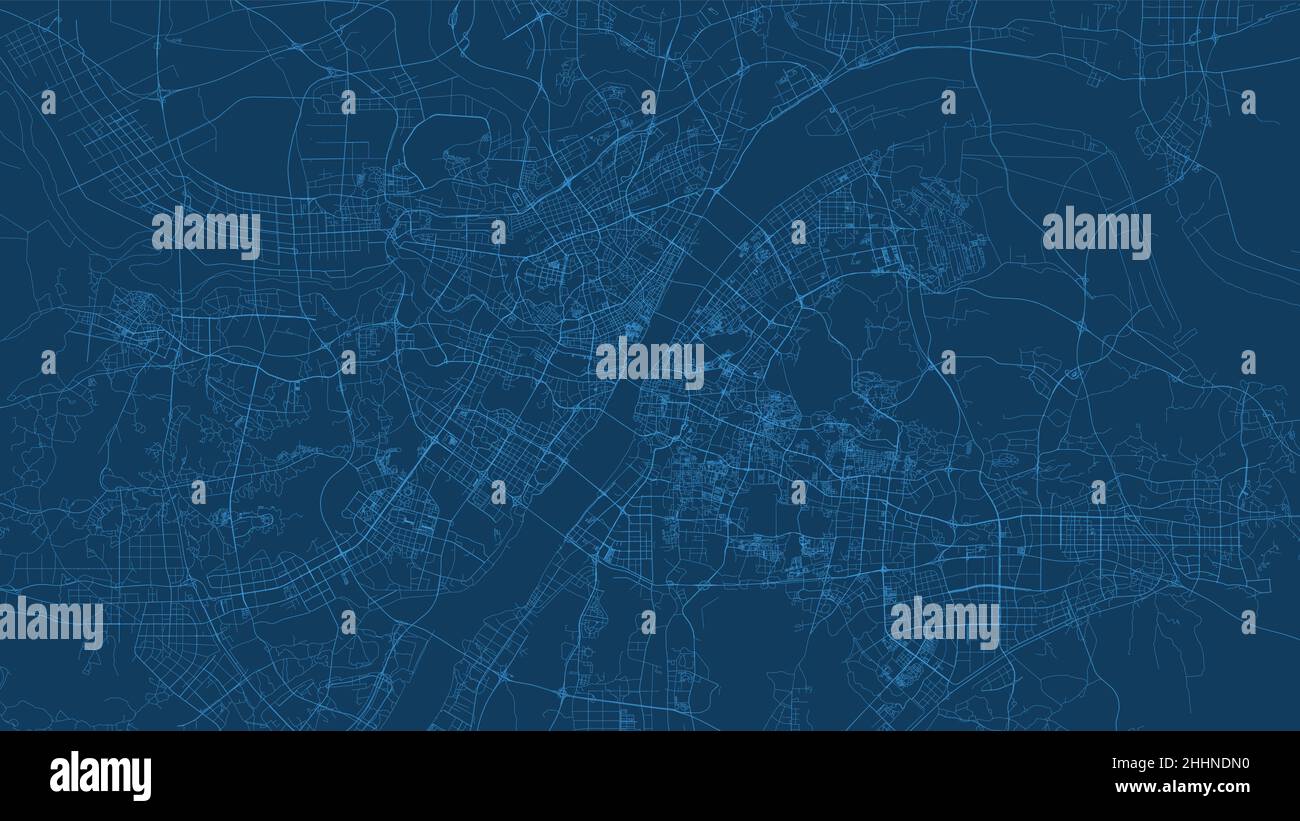 Mapa vectorial del municipio de la ciudad de Wuhan, China. Mapa de calles azules, área del municipio, líneas blancas. Horizonte urbano panorama para el turismo. Ilustración del Vector