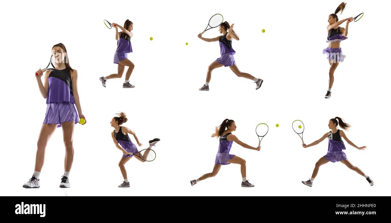 Collage con mujer joven, tenista jugando al tenis aislado sobre fondo blanco. Estilo de vida saludable, deporte, acción. Foto de stock