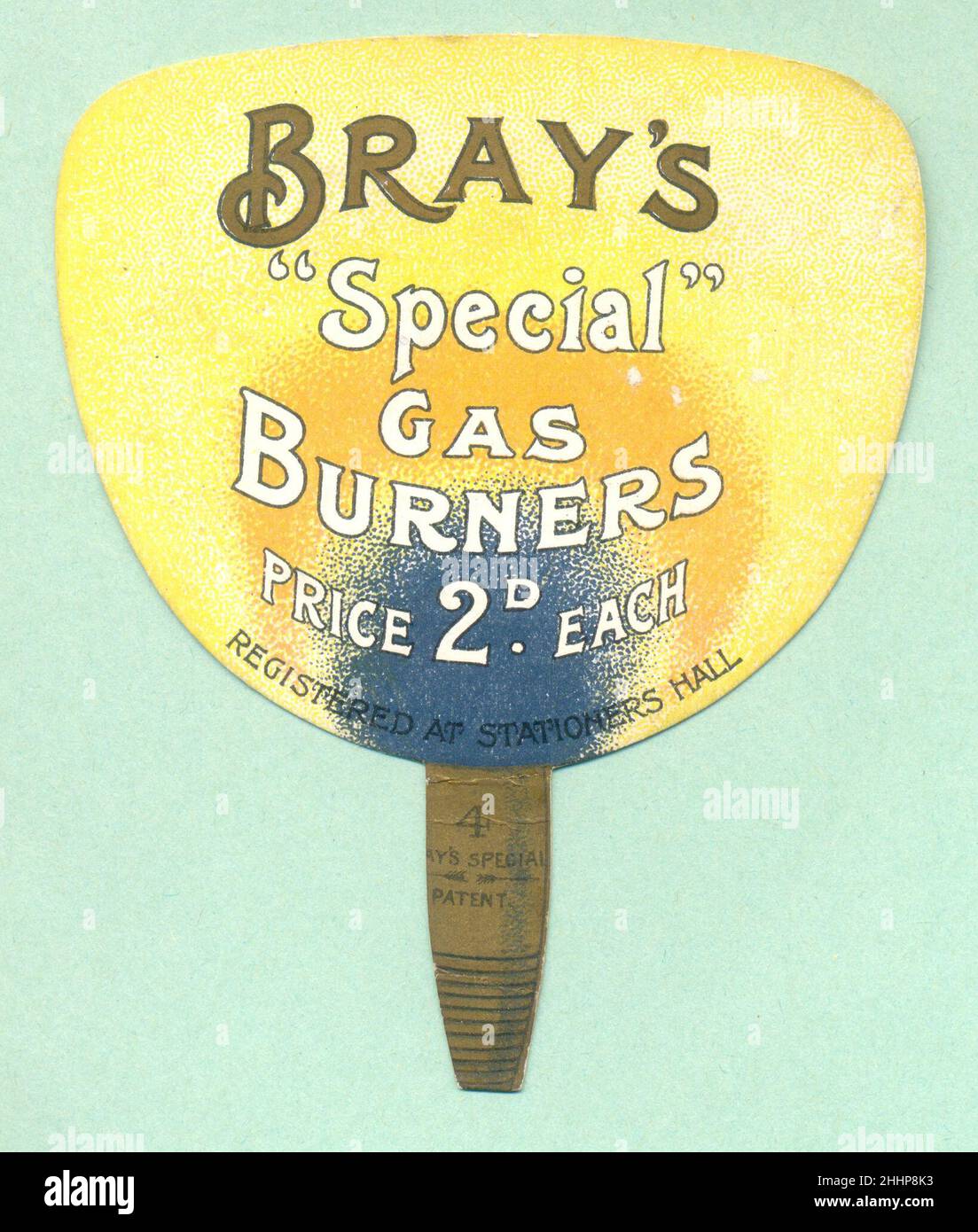 Anuncio cromolitografiado de troquelado para Burners de Gas 'Especiales' de Bray alrededor de 1885 Foto de stock