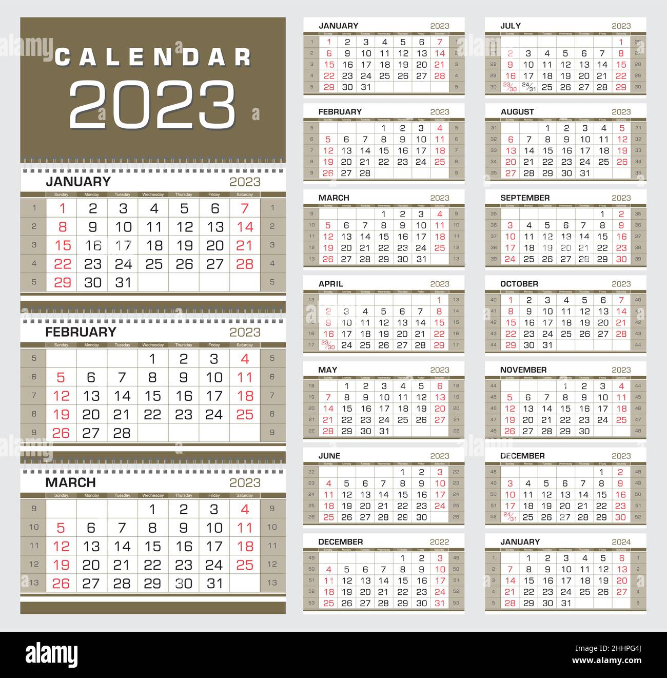 Calendario 2023 Calendario Trimestral Del Muro Con Numeros De Semana La Semana Comienza El Domingo Listo Para Imprimir Color Negro Rojo Dorado Ilustracion Vectorial 2hhpg4j 
