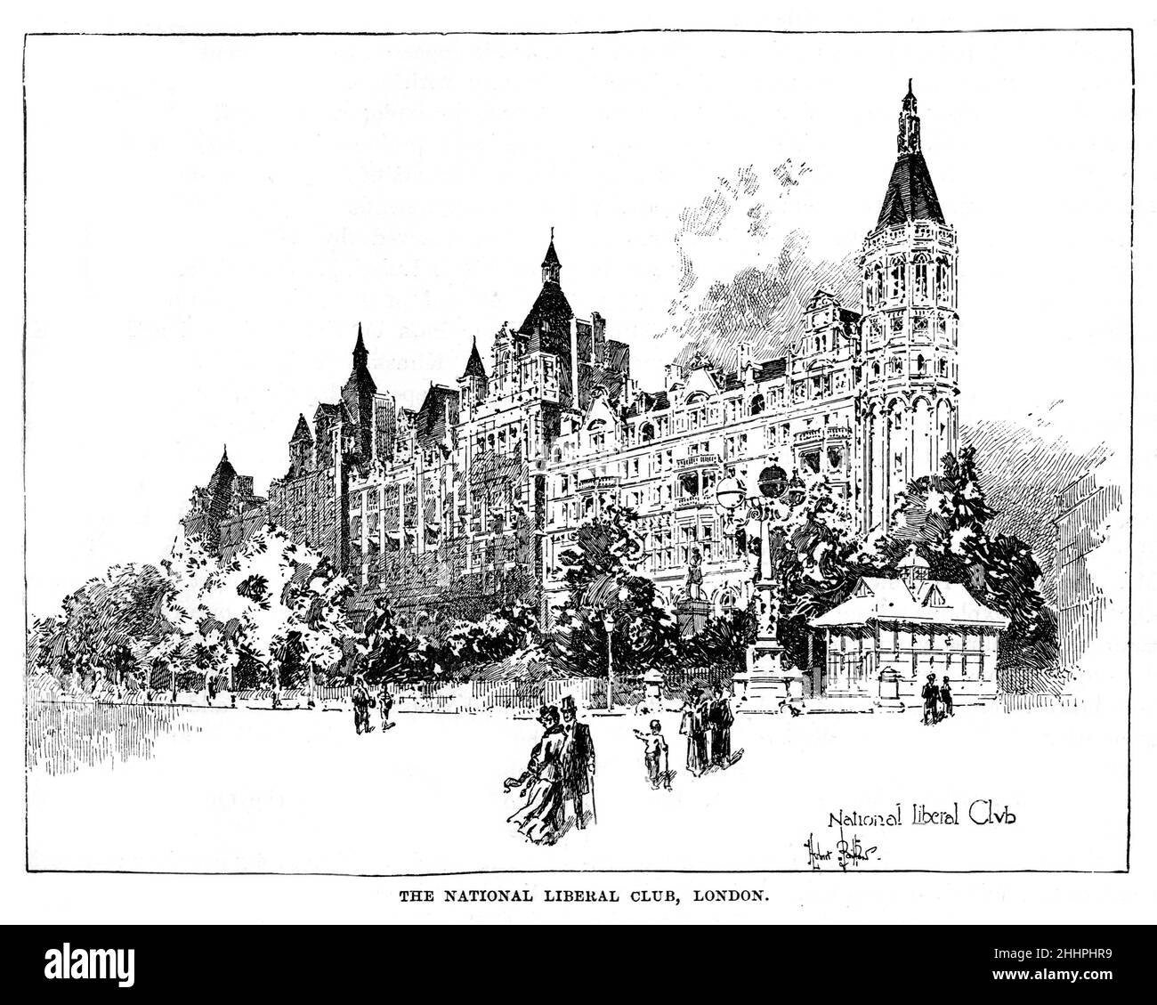 Ilustración en blanco y negro; el Club Liberal Nacional, Londres, alrededor de 1885, establecido por William Ewart Gladstone en 1882 Foto de stock