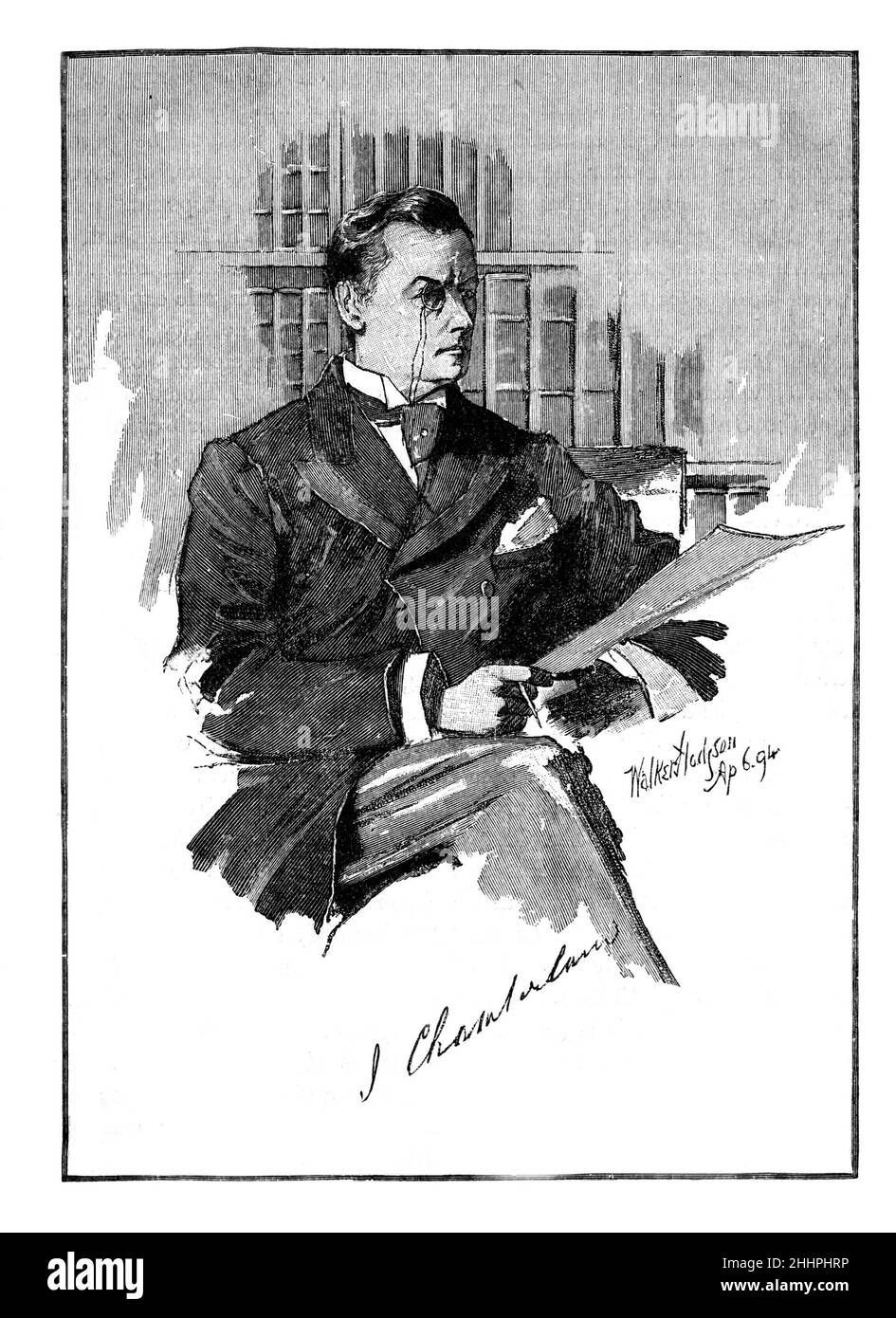 Ilustración en blanco y negro; retrato de William Walker Hodgson de Joseph Chamberlain (1836 - 1914) estadista británico, político, liberal radical Foto de stock
