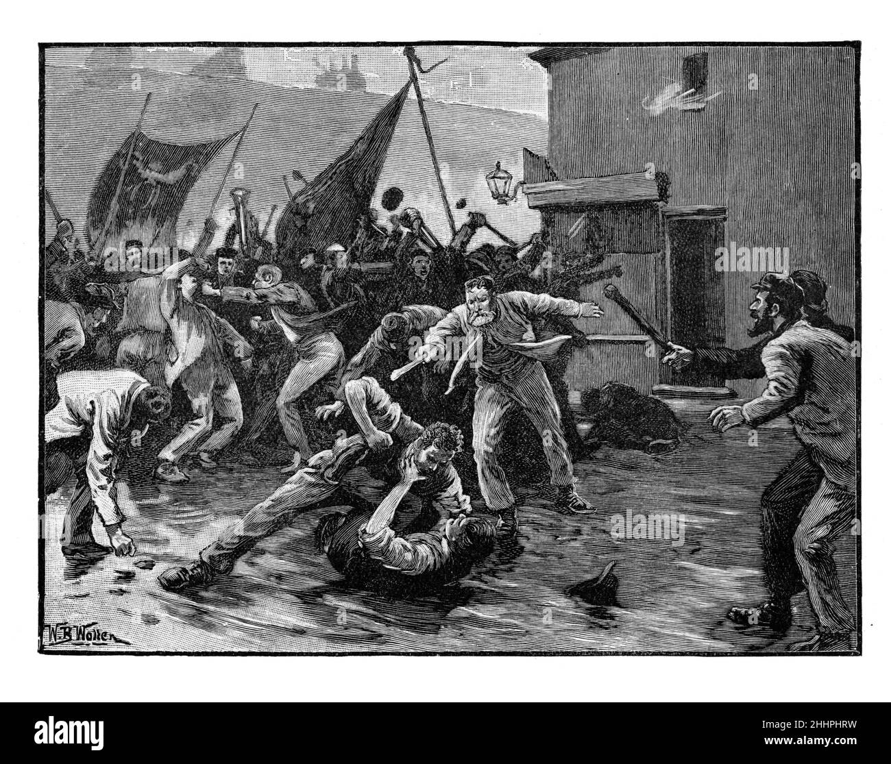Ilustración en blanco y negro; disturbios en Belfast tras la derrota del proyecto de ley sobre la regla del hogar, junio de 1886; luchas sectarias entre católicos y protestantes Foto de stock