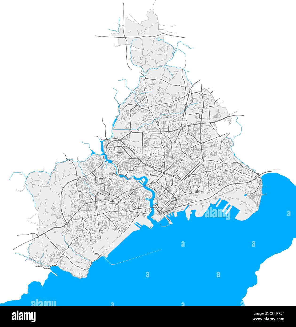 Brest, Finisterre, Francia mapa vectorial de alta resolución con límites de la ciudad y caminos editables. Contornos blancos de las carreteras principales. Muchos caminos detallados. Azul Ilustración del Vector
