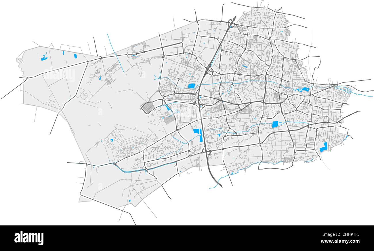 Merignac, Gironde, Francia mapa vectorial de alta resolución con los límites de la ciudad y caminos editables. Contornos blancos de las carreteras principales. Muchos caminos detallados. Azul Ilustración del Vector