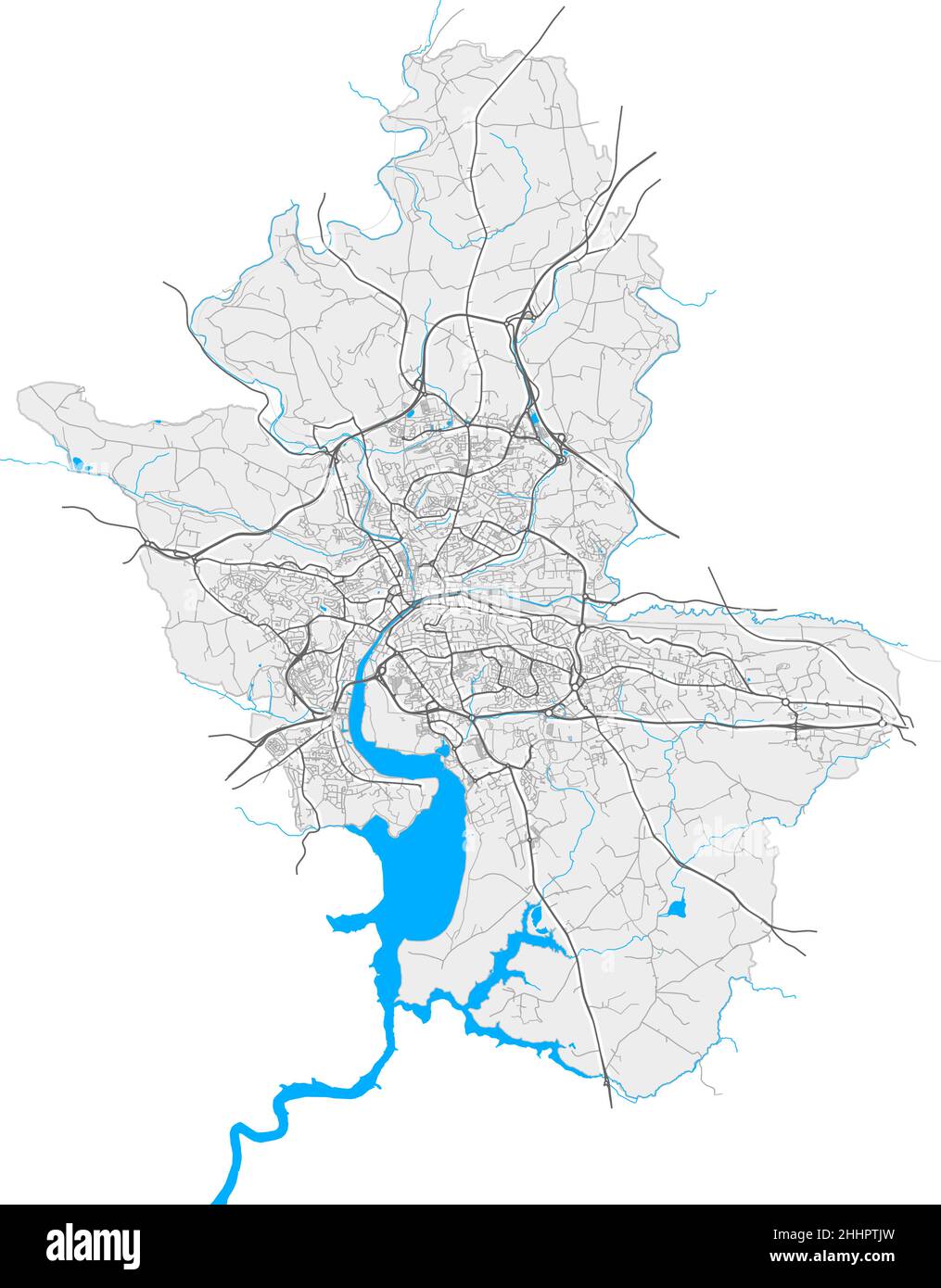 Quimper, Finisterre, Francia mapa vectorial de alta resolución con límites de la ciudad y caminos editables. Contornos blancos de las carreteras principales. Muchos caminos detallados. Blu Ilustración del Vector