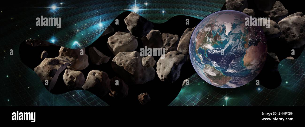 Meteoritos en el espacio, planeta Tierra en peligro. Elementos de esta imagen proporcionados por la NASA. Foto de stock