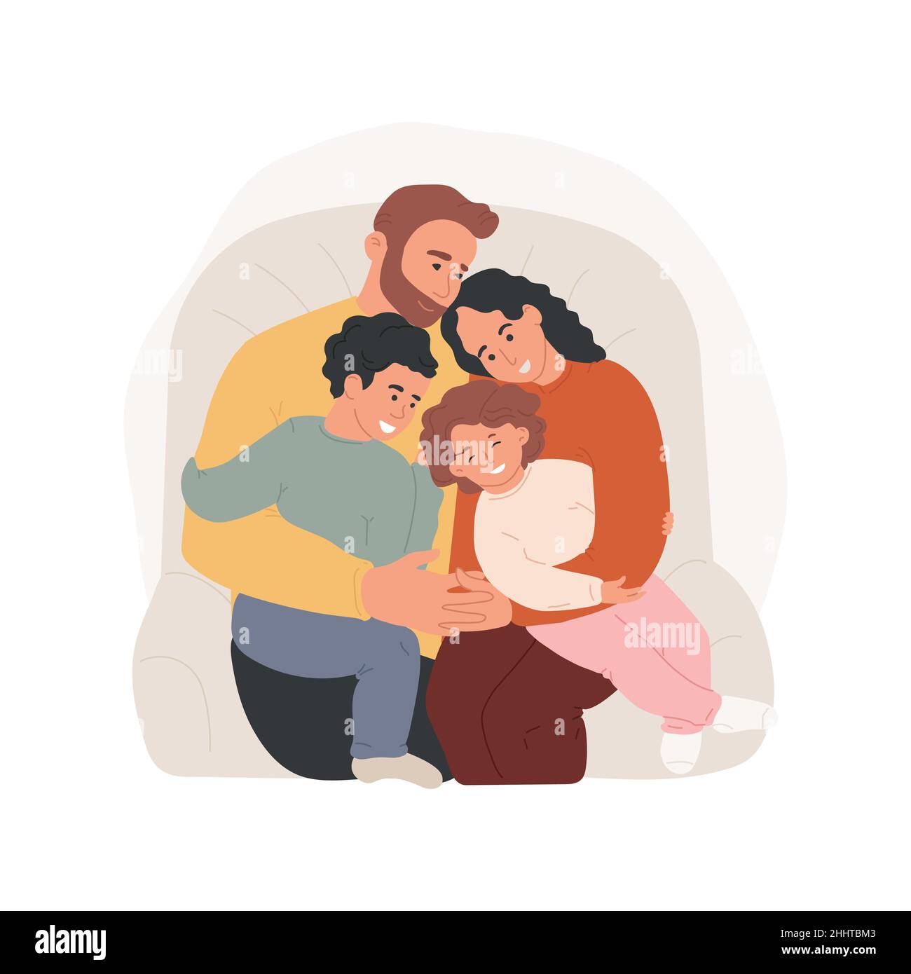La familia abraza la ilustración de vectores de dibujos animados aislados. Los padres y los niños abrazan, sentados en el sofá, los niños en el medio, el momento feliz de la familia, La familia abraza la ilustración de vectores de dibujos animados aislados. Los padres y los niños abrazan, sentados en el sofá, los niños en el medio, el momento feliz de la familia,