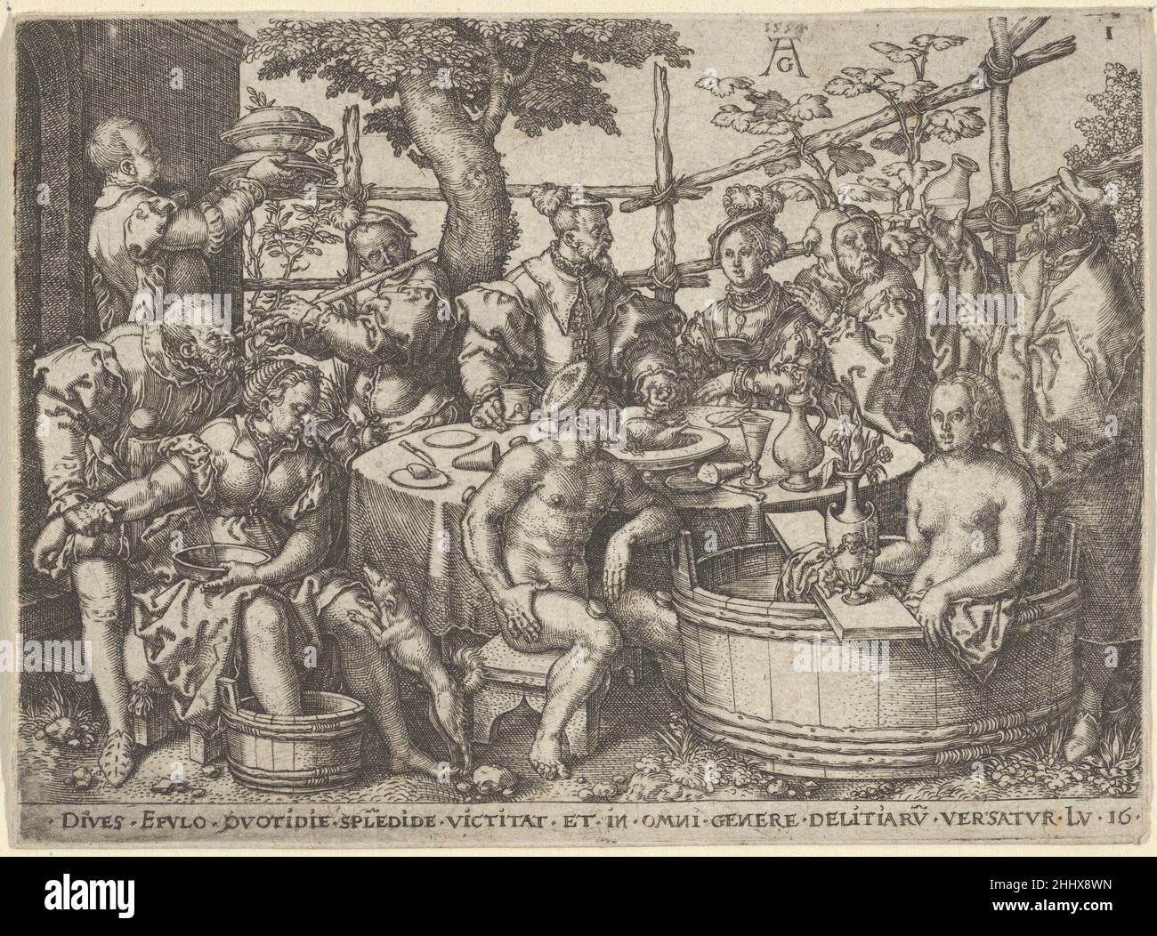 El hombre rico en su mesa, de la Parábola del hombre rico y Lázaro 1554  Heinrich Aldegriver alemán Dives, en el centro, comedor con una mujer antes  de un enrejado. Una variedad