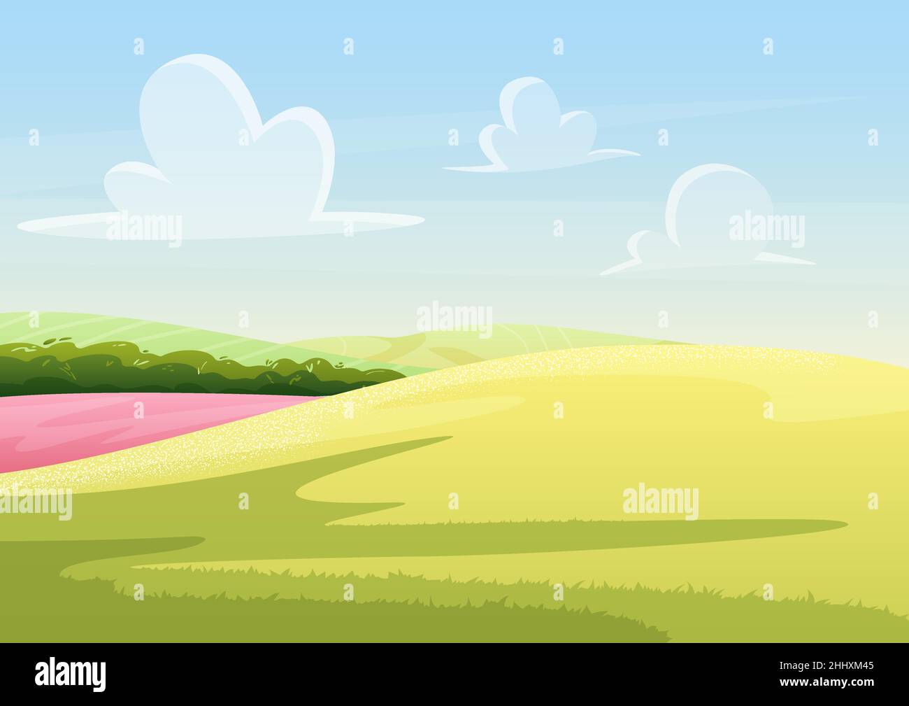 Tranquilo campo de verano de dibujos animados naturaleza paisaje de fondo  Imagen Vector de stock - Alamy