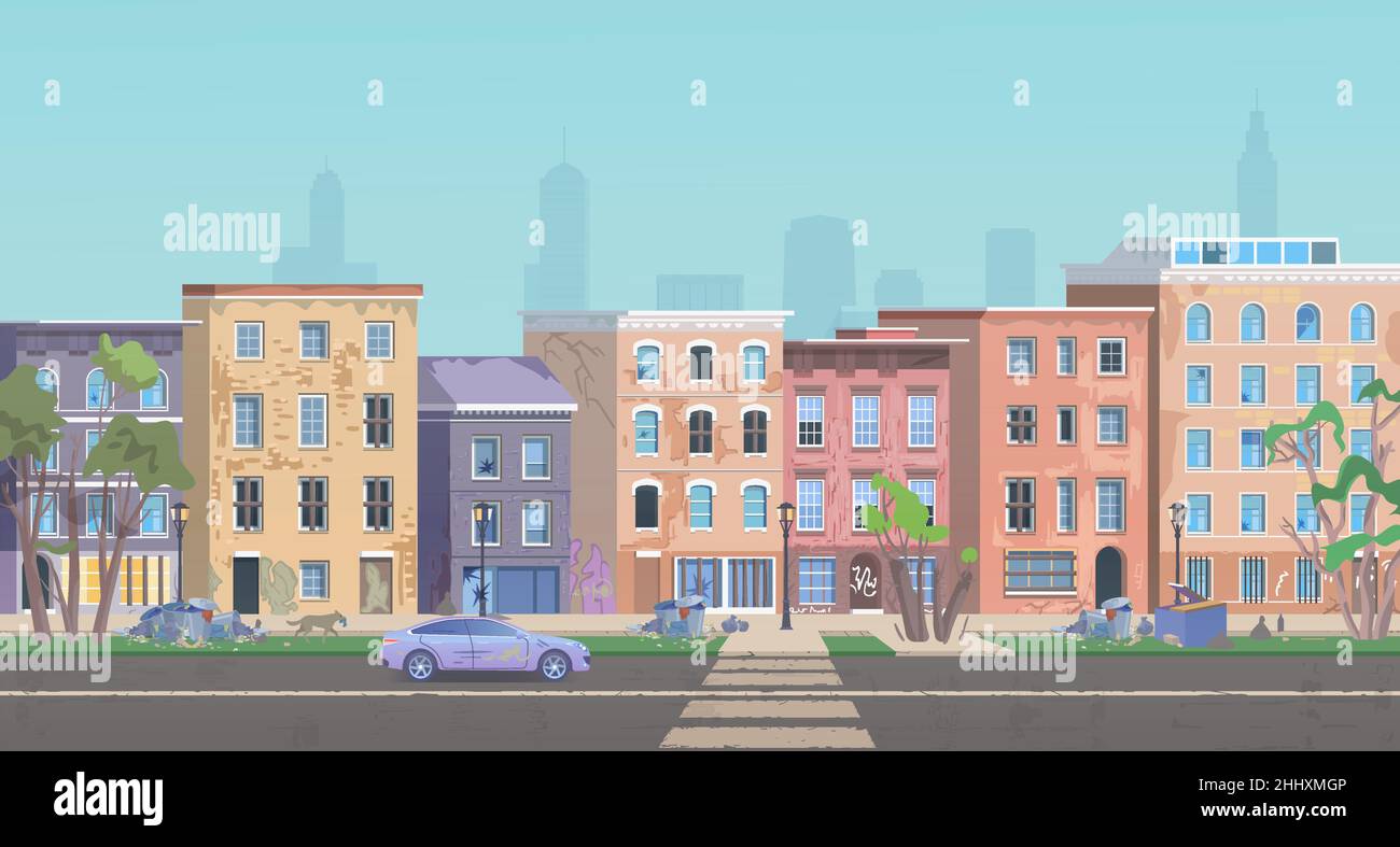 Paisaje de gueto, paisaje urbano de barrio pobre con la calle de la ciudad de tugurios, casas de chabolas sucias Ilustración del Vector