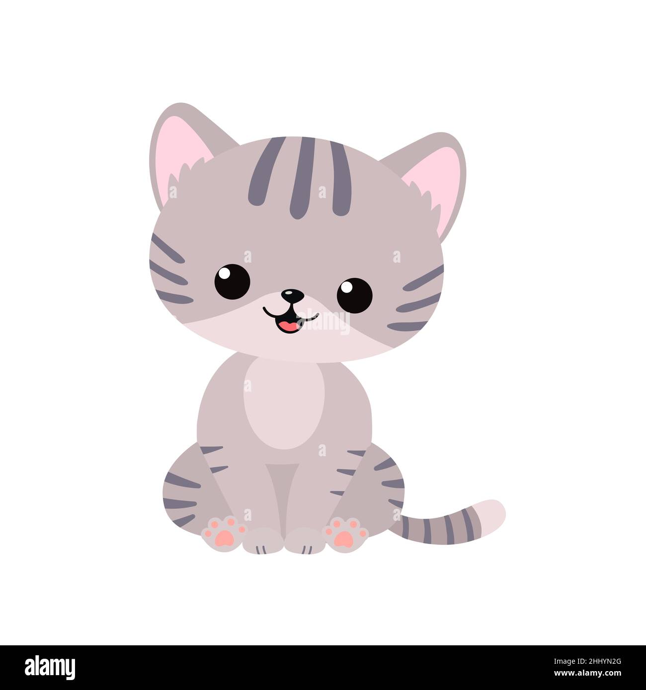 Lindo Gato Gris Kawaii Sentado Aislado Sobre Fondo Blanco Estilo Plano