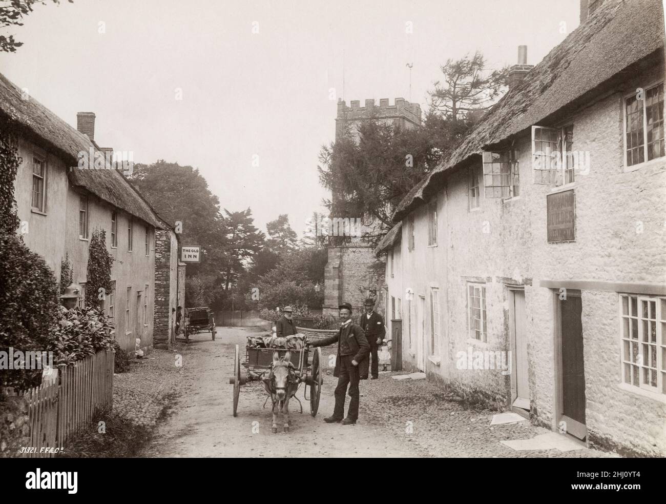 Fotografía vintage, finales de 19th, principios del siglo 20th, vista de 1892 - Hombre con burro y carrito, Hawkchurch, Devon Foto de stock